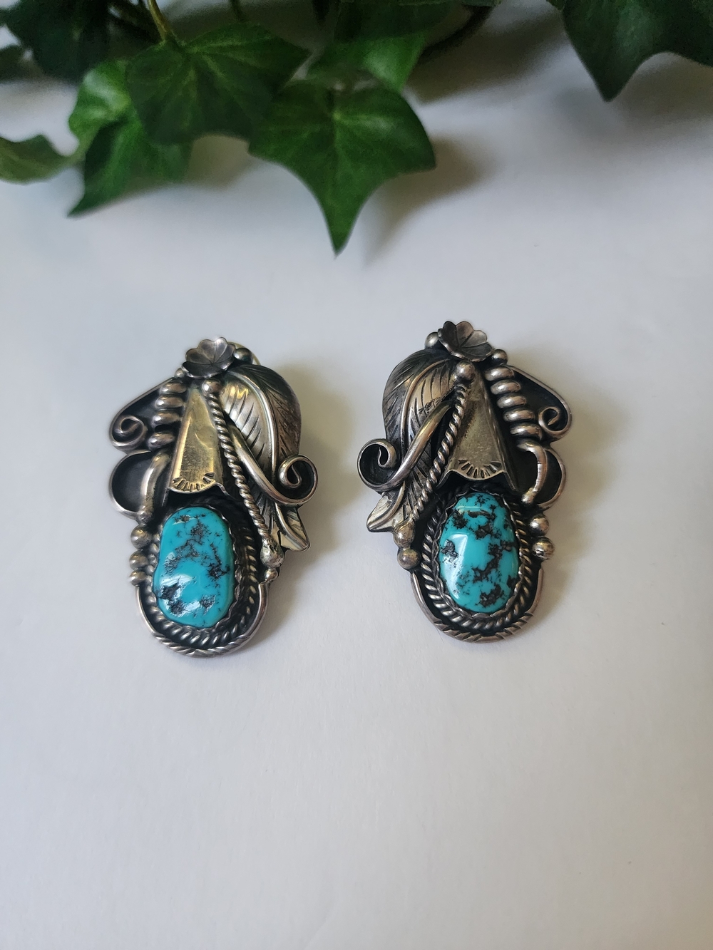 Turquoise Stone Silver Leaf Earrings - Blue Turquoise Women Jewelry